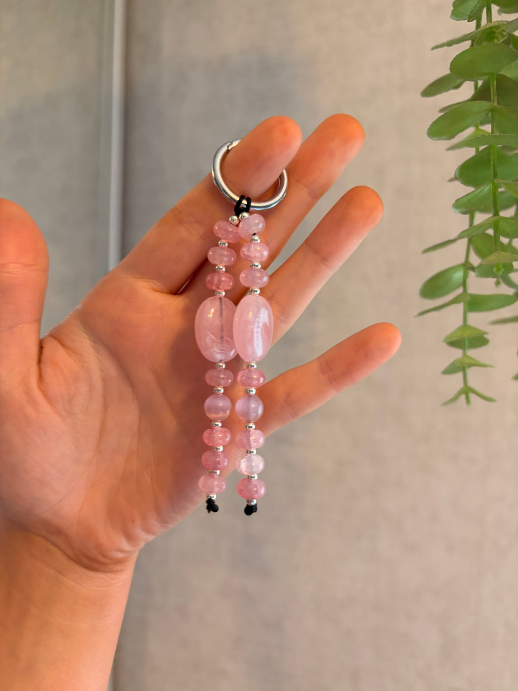 Pink Beaded Bag Charm Keyring Rose Quartz Style Beads
