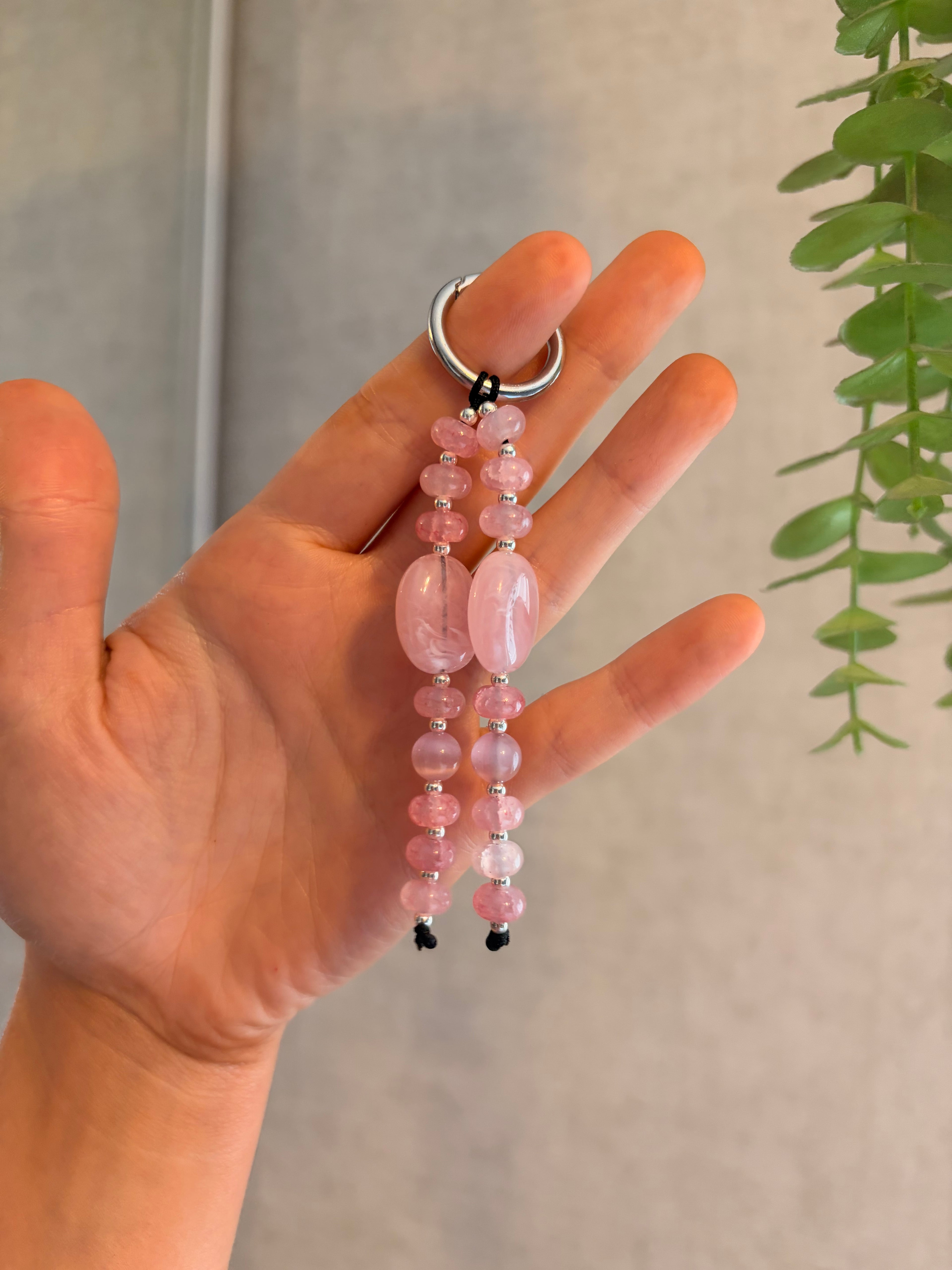 Pink Beaded Bag Charm Keyring Rose Quartz Style Beads