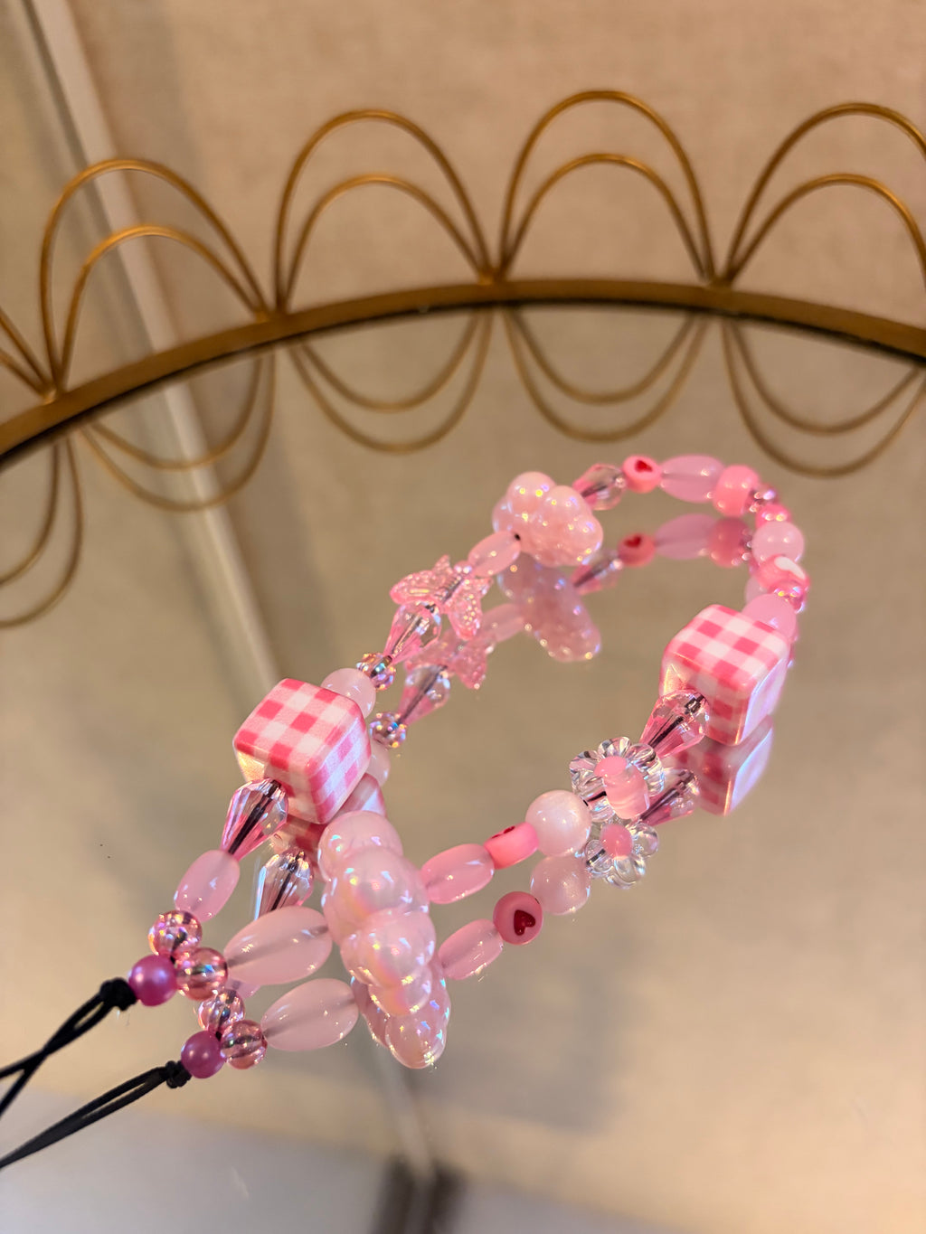 Pink Gingham & Beaded Phone Charm