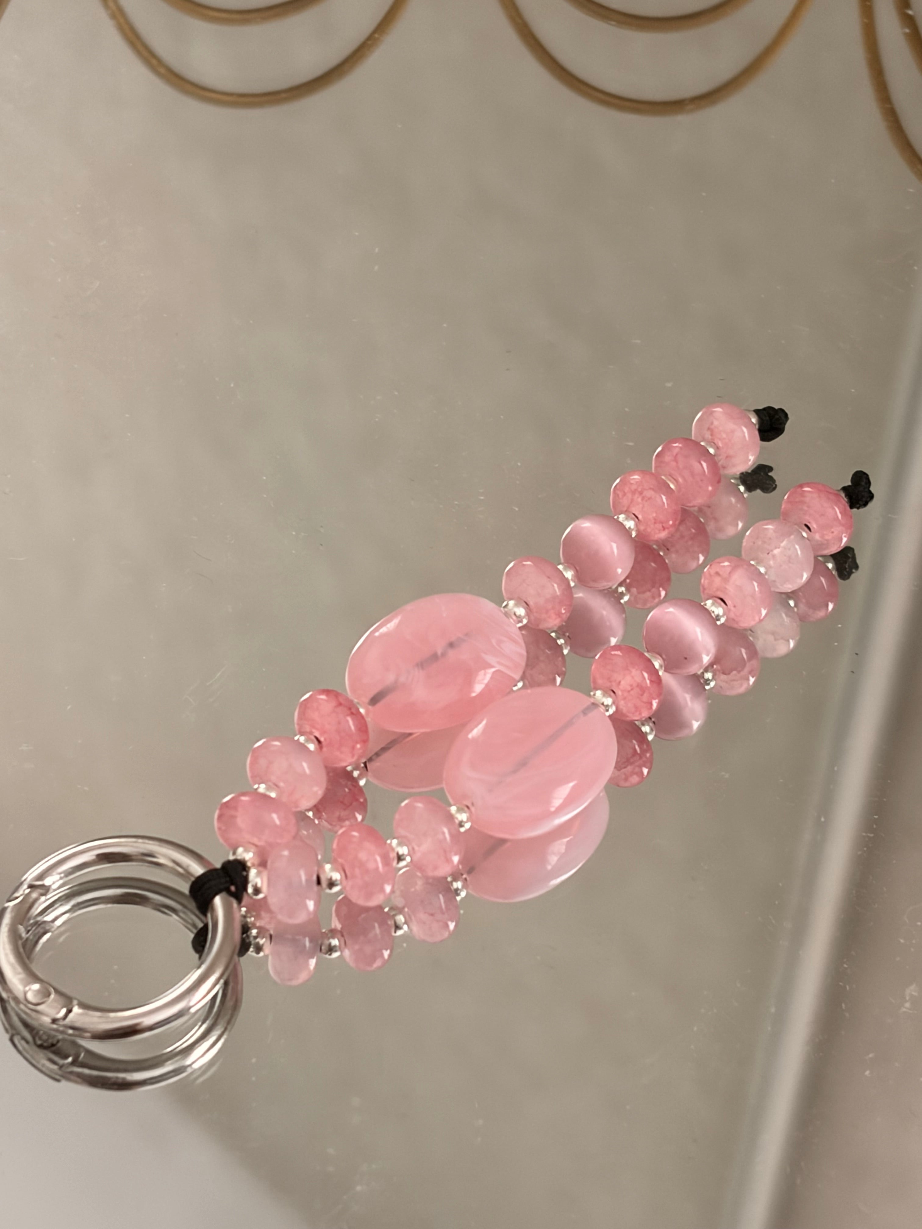 Pink Beaded Bag Charm Keyring Rose Quartz Style Beads