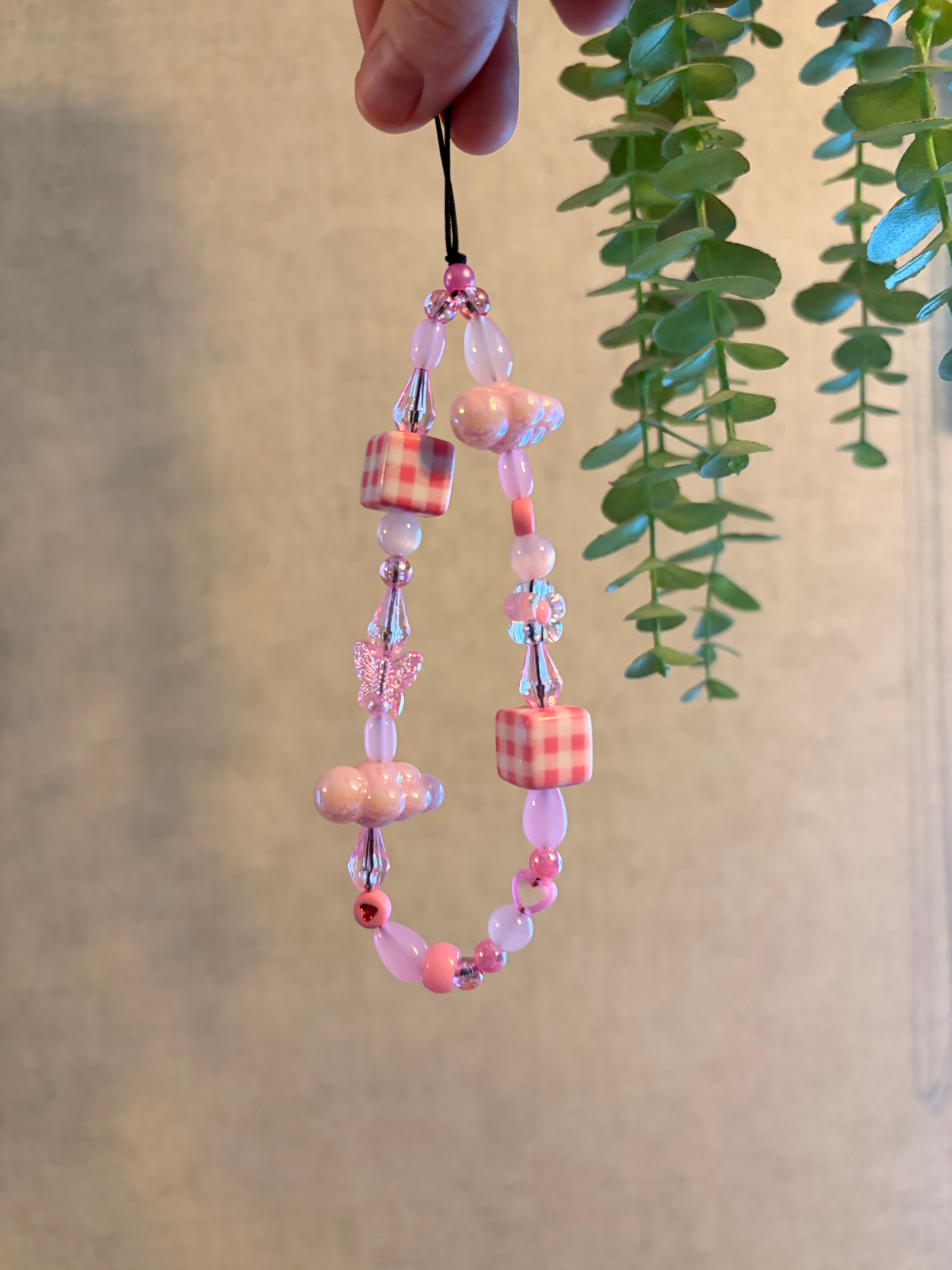 Pink Gingham & Beaded Phone Charm