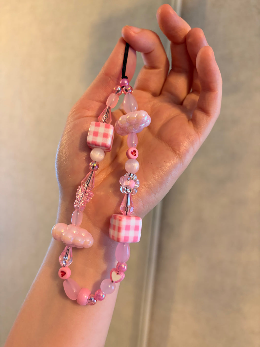 Pink Gingham & Beaded Phone Charm