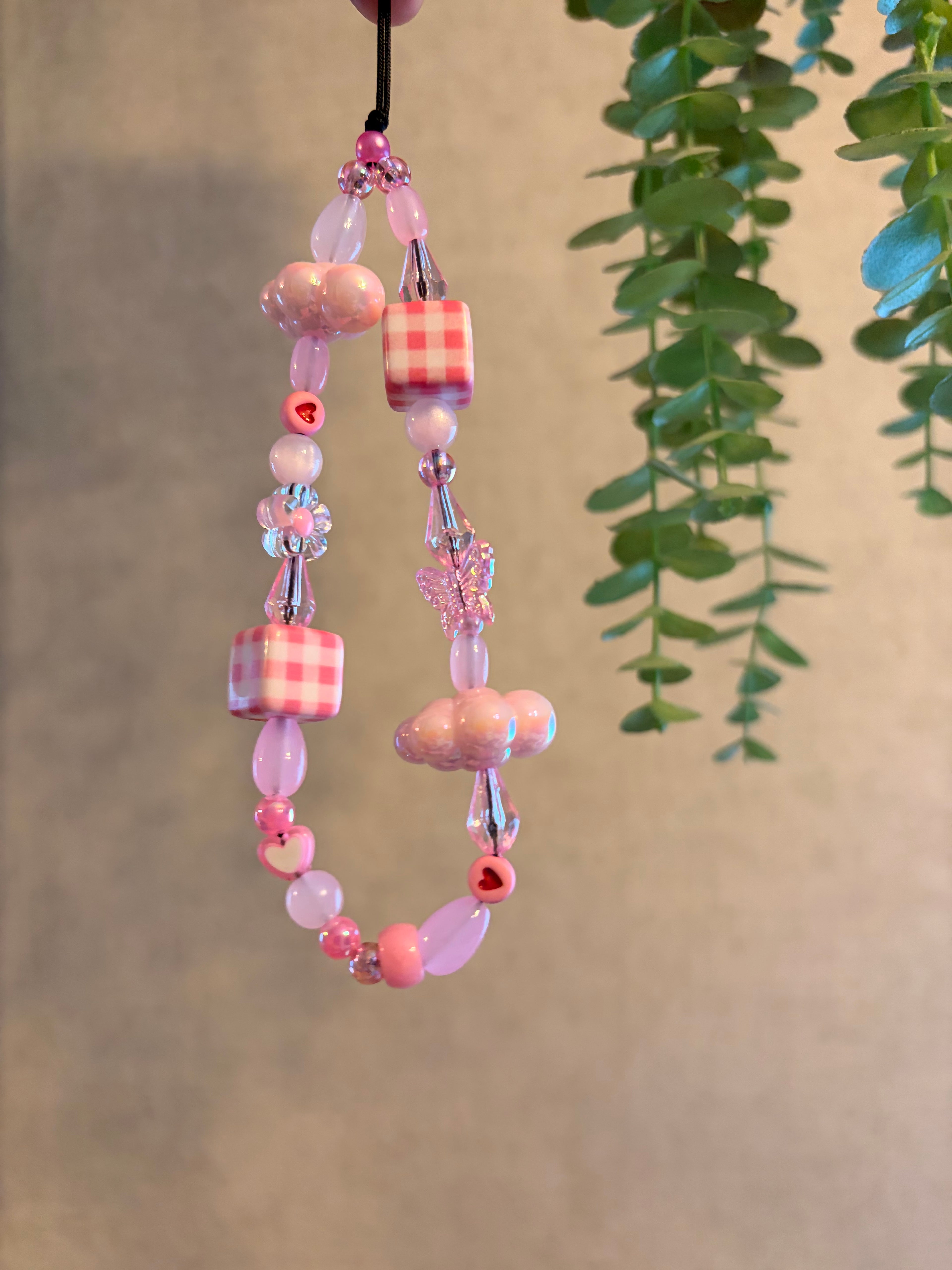Pink Gingham & Beaded Phone Charm