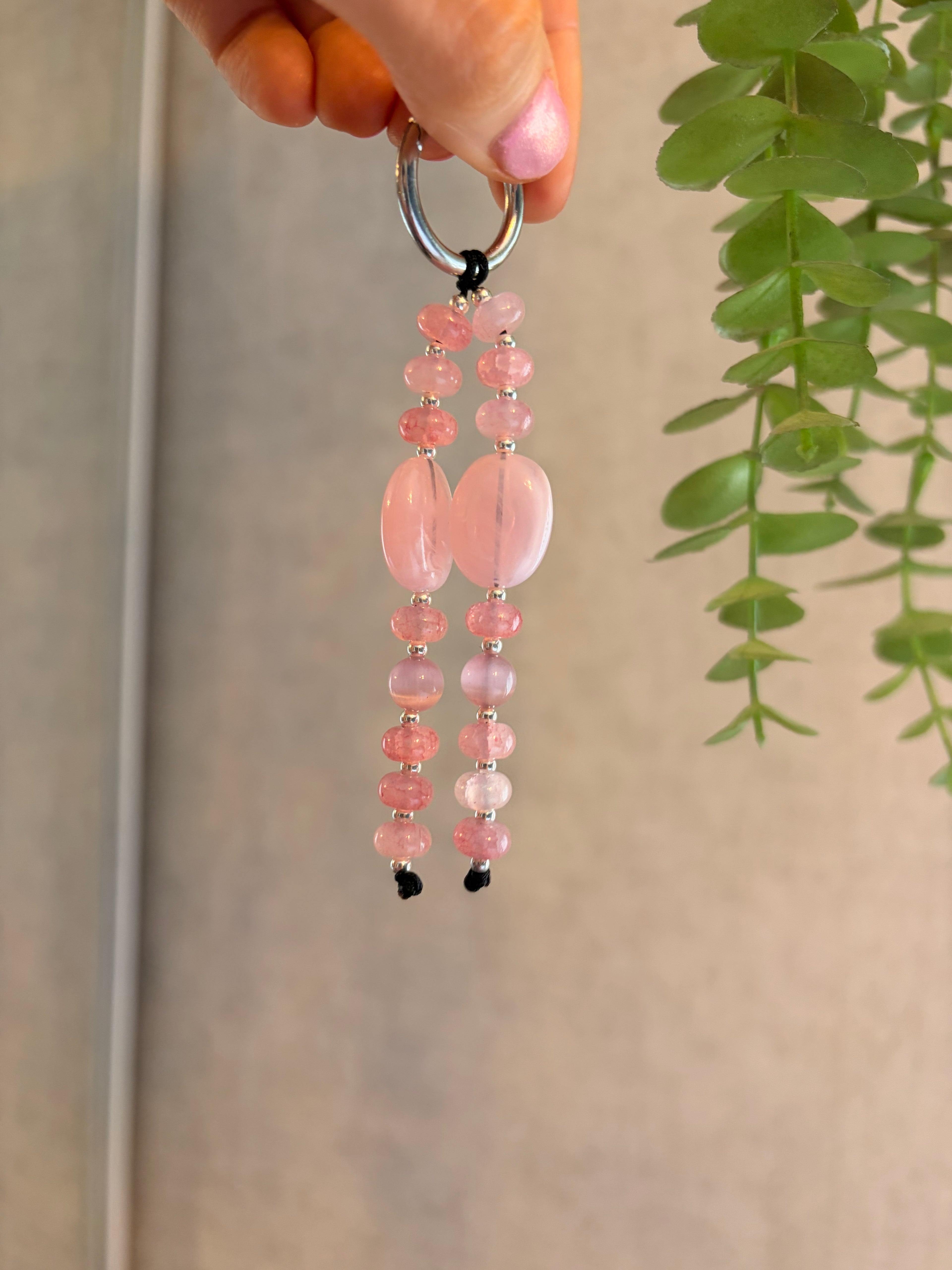 Pink Beaded Bag Charm Keyring Rose Quartz Style Beads