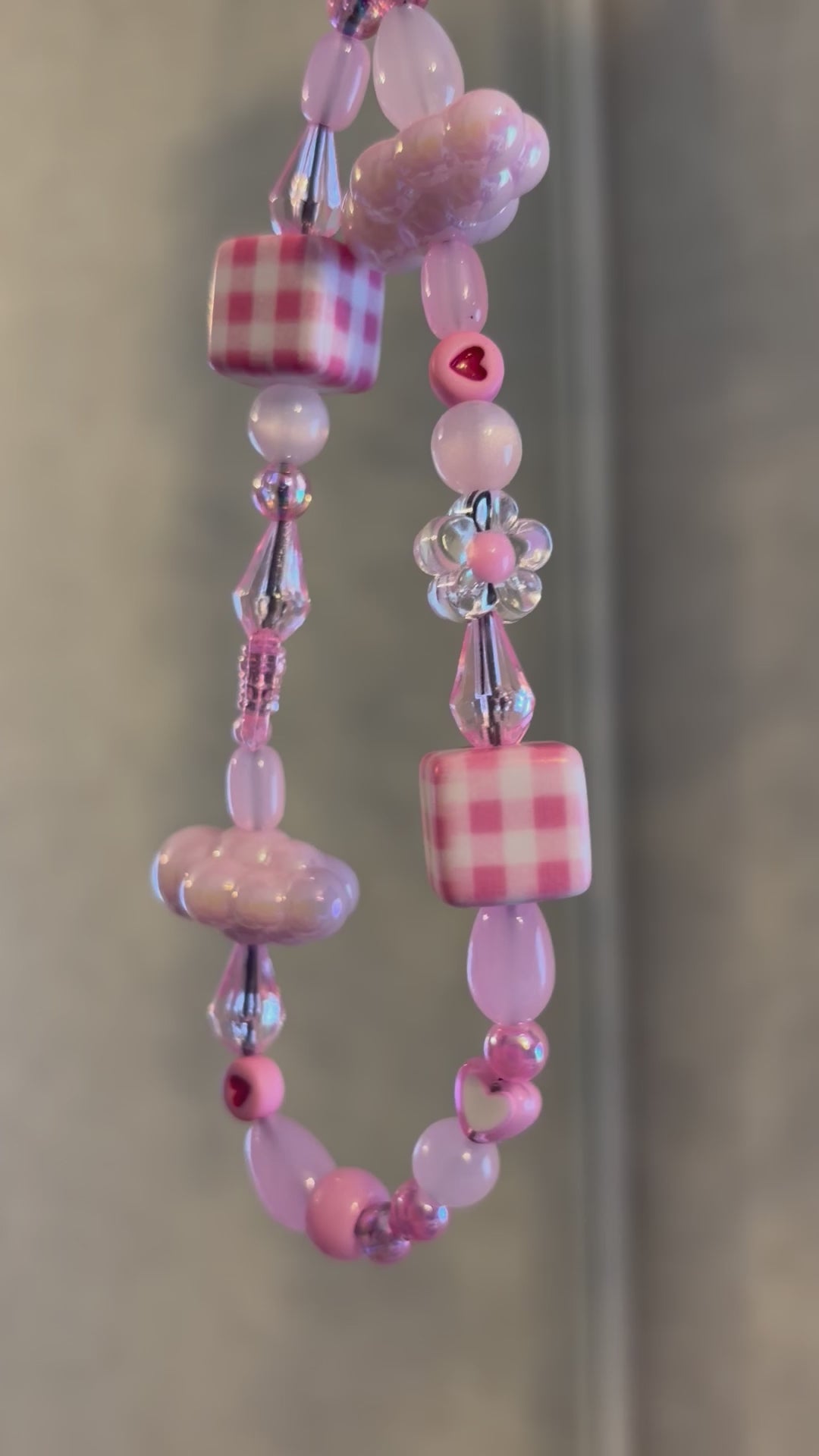Pink Gingham & Beaded Phone Charm